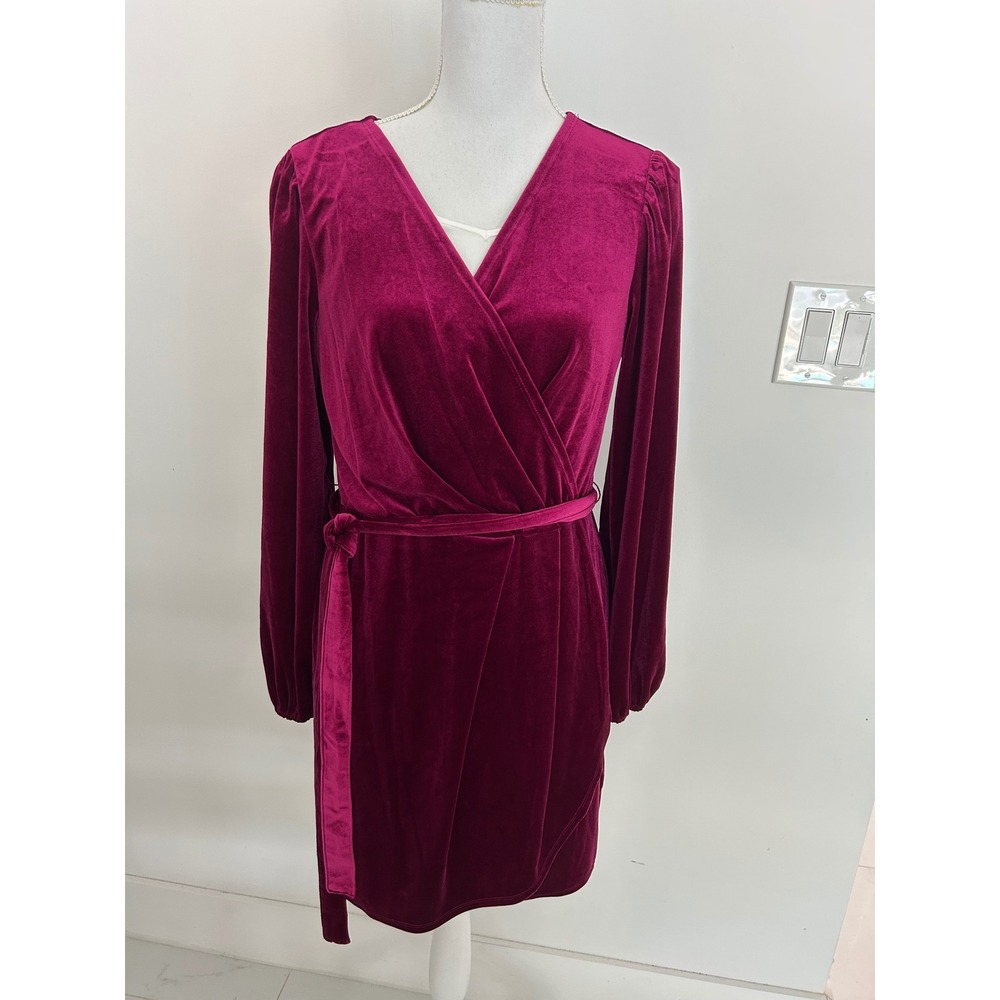 Nine West Magenta Pink Velvet Wrap Mini Dress Long Sleeve V-Neck Size L